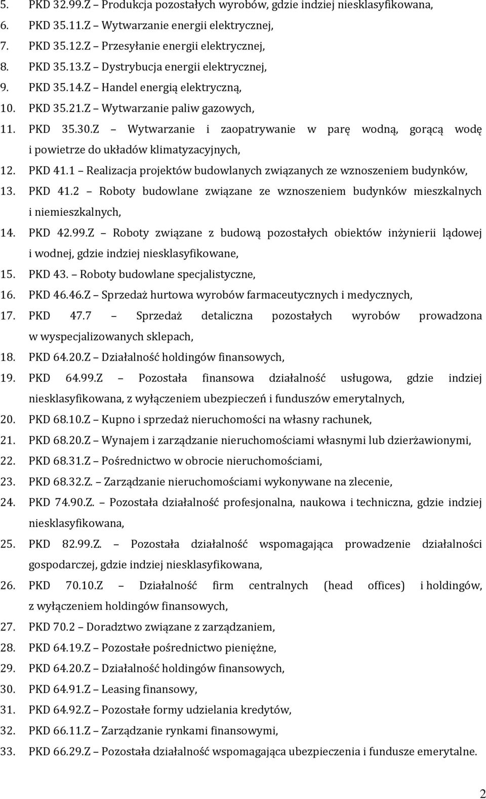 Z Wytwarzanie i zaopatrywanie w parę wodną, gorącą wodę i powietrze do układów klimatyzacyjnych, 12. PKD 41.1 Realizacja projektów budowlanych związanych ze wznoszeniem budynków, 13. PKD 41.2 Roboty budowlane związane ze wznoszeniem budynków mieszkalnych i niemieszkalnych, 14.