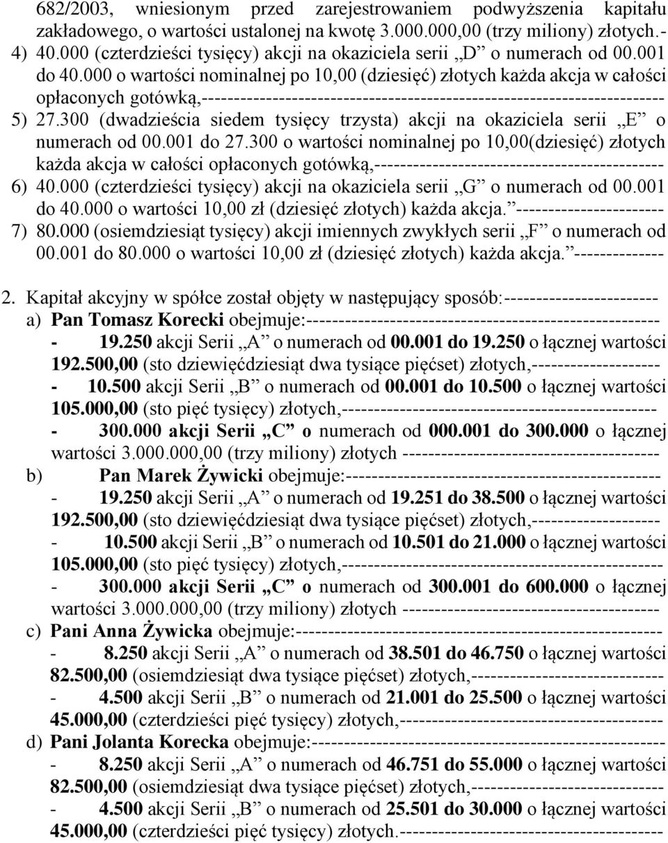 000 o wartości nominalnej po 10,00 (dziesięć) złotych każda akcja w całości opłaconych gotówką,------------------------------------------------------------------------ 5) 27.