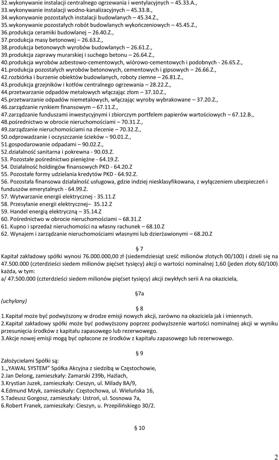 Z., 39.produkcja zaprawy murarskiej i suchego betonu 26.64.Z., 40.produkcja wyrobów azbestowo-cementowych, wiórowo-cementowych i podobnych - 26.65.Z., 41.