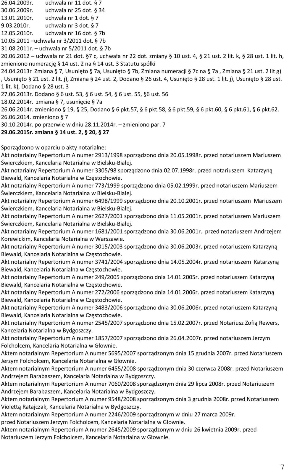 3 Statutu spółki 24.04.2013r Zmiana 7, Usunięto 7a, Usunięto 7b, Zmiana numeracji 7c na 7a, Zmiana 21 ust. 2 lit g), Usunięto 21 ust. 2 lit. j), Zmiana 24 ust. 2, Dodano 26 ust. 4, Usunięto 28 ust.