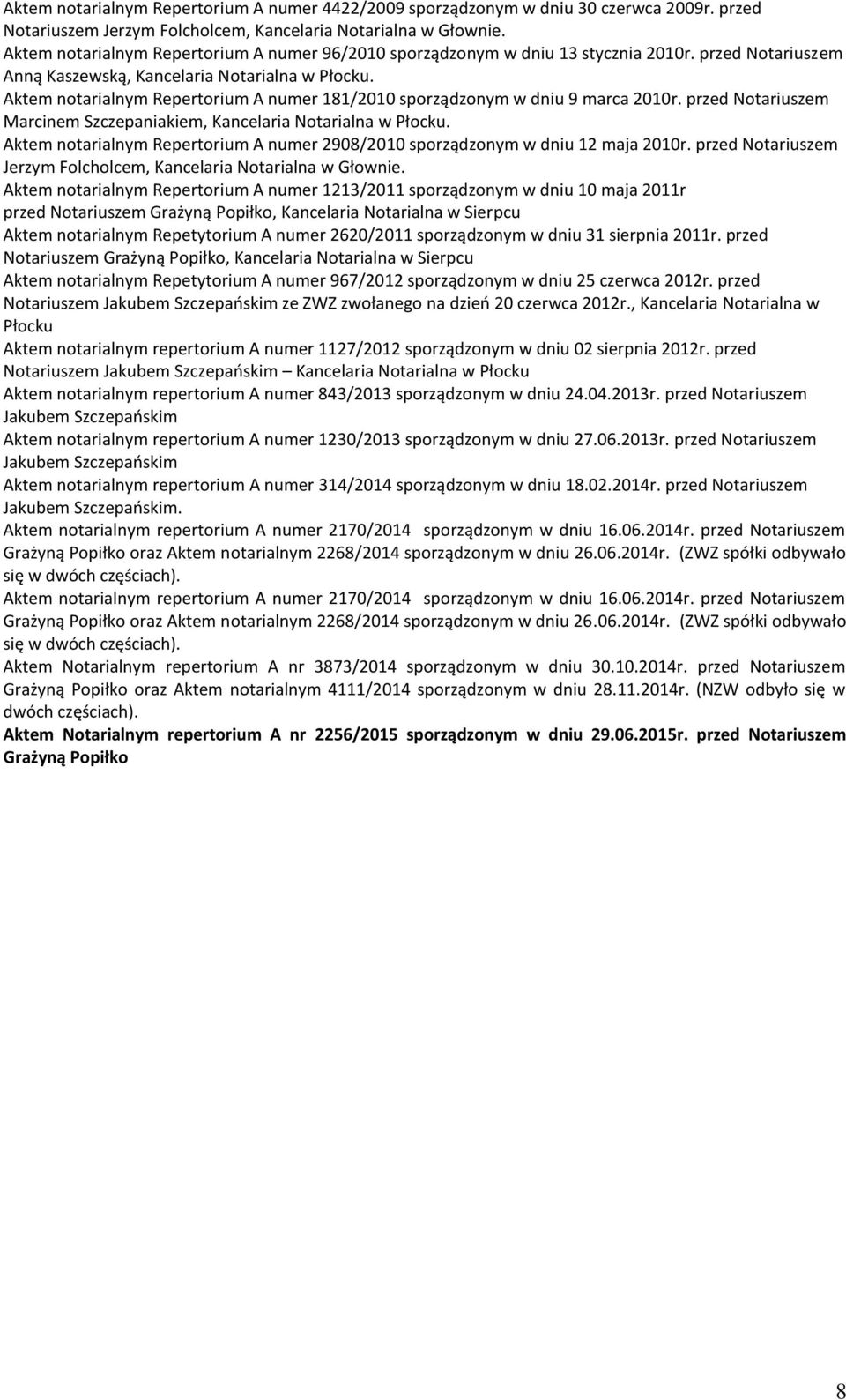 Aktem notarialnym Repertorium A numer 181/2010 sporządzonym w dniu 9 marca 2010r. przed Notariuszem Marcinem Szczepaniakiem, Kancelaria Notarialna w Płocku.