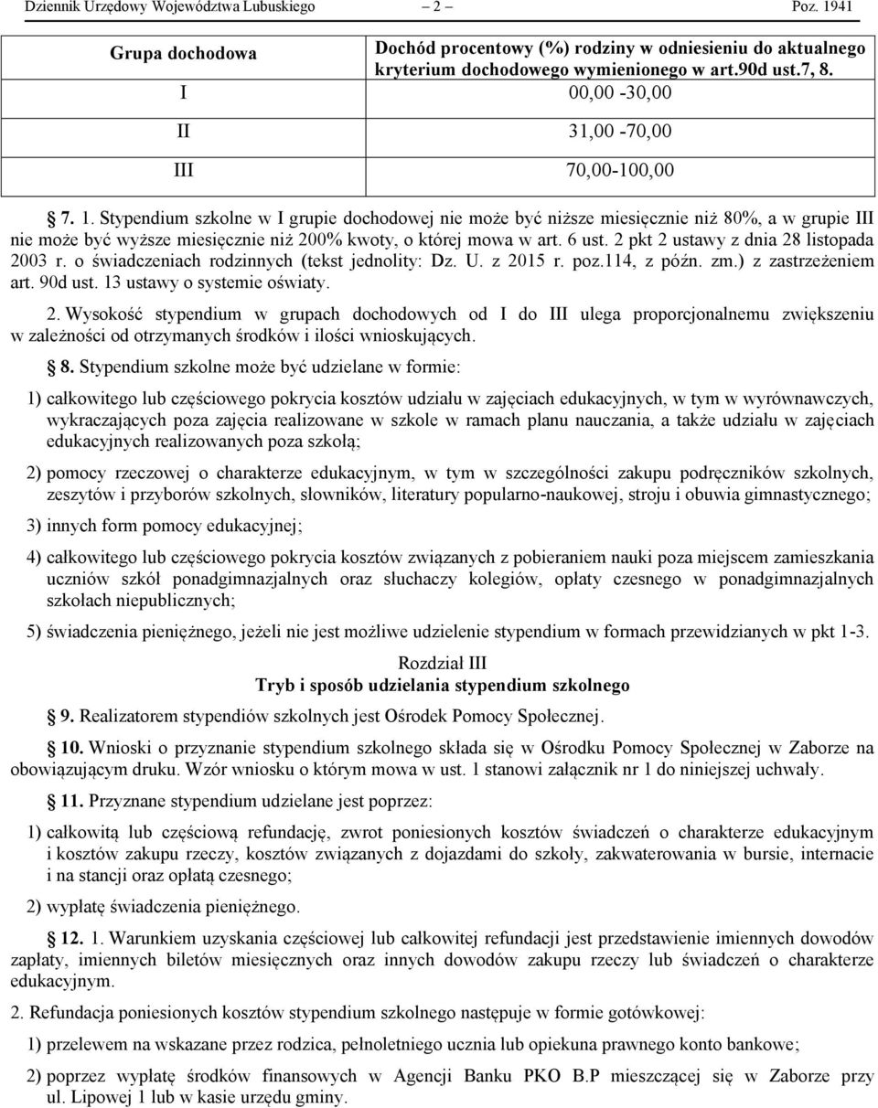 Stypendium szkolne w I grupie dochodowej nie może być niższe miesięcznie niż 80%, a w grupie III nie może być wyższe miesięcznie niż 200% kwoty, o której mowa w art. 6 ust.