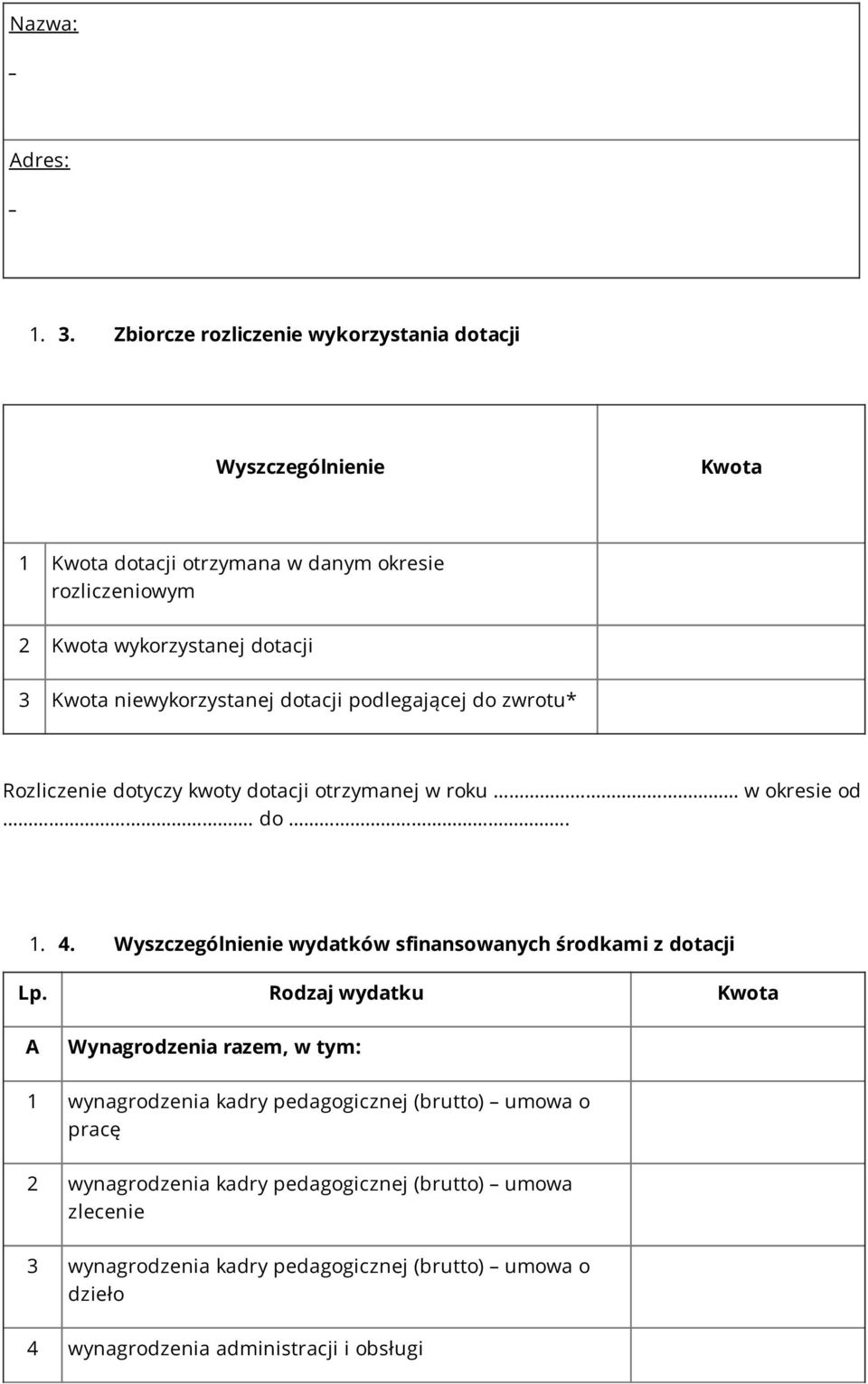 Kwota niewykorzystanej dotacji podlegającej do zwrotu* Rozliczenie dotyczy kwoty dotacji otrzymanej w roku w okresie od. do. 1. 4.