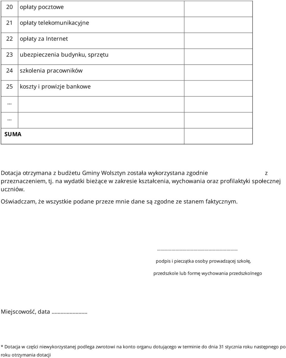 na wydatki bieżące w zakresie kształcenia, wychowania oraz profilaktyki społecznej uczniów. Oświadczam, że wszystkie podane przeze mnie dane są zgodne ze stanem faktycznym.