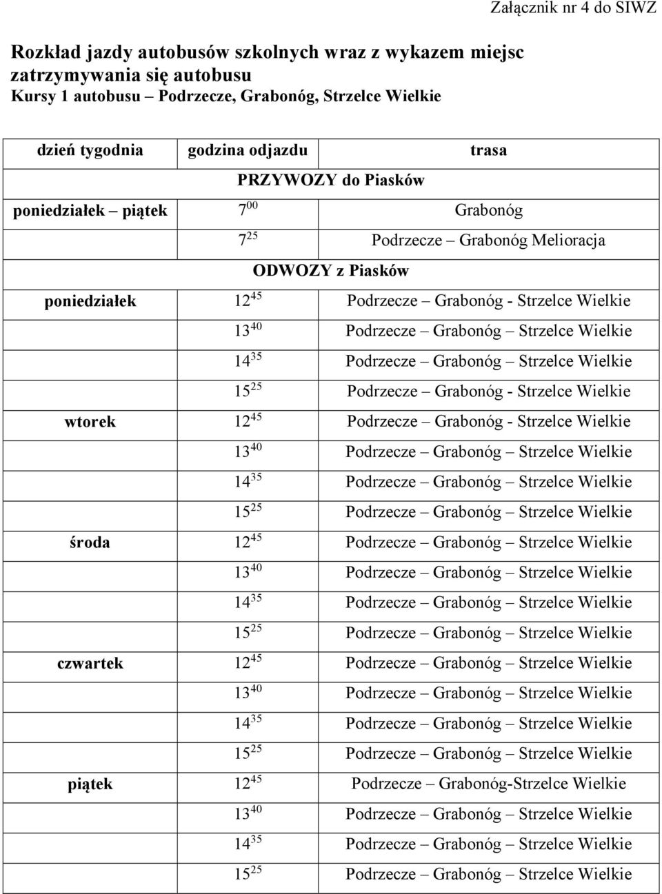 Wielkie 14 35 Podrzecze Grabonóg Strzelce Wielkie 15 25 Podrzecze Grabonóg - Strzelce Wielkie wtorek 12 45 Podrzecze Grabonóg - Strzelce Wielkie 13 40 Podrzecze Grabonóg Strzelce Wielkie 14 35