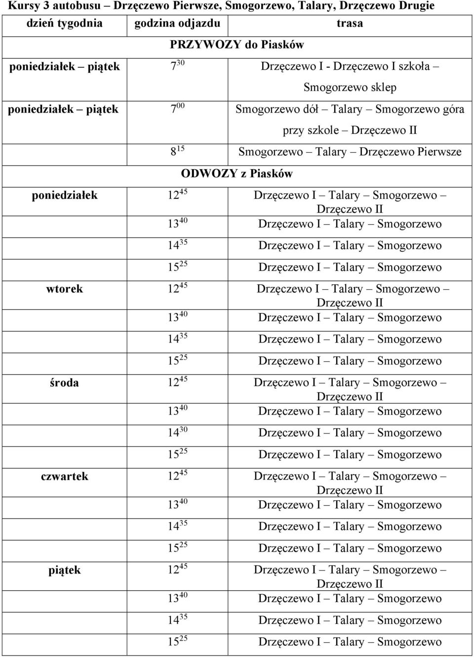 Smogorzewo Drzęczewo II 13 40 Drzęczewo I Talary Smogorzewo 14 35 Drzęczewo I Talary Smogorzewo 15 25 Drzęczewo I Talary Smogorzewo wtorek 12 45 Drzęczewo I Talary Smogorzewo Drzęczewo II 13 40