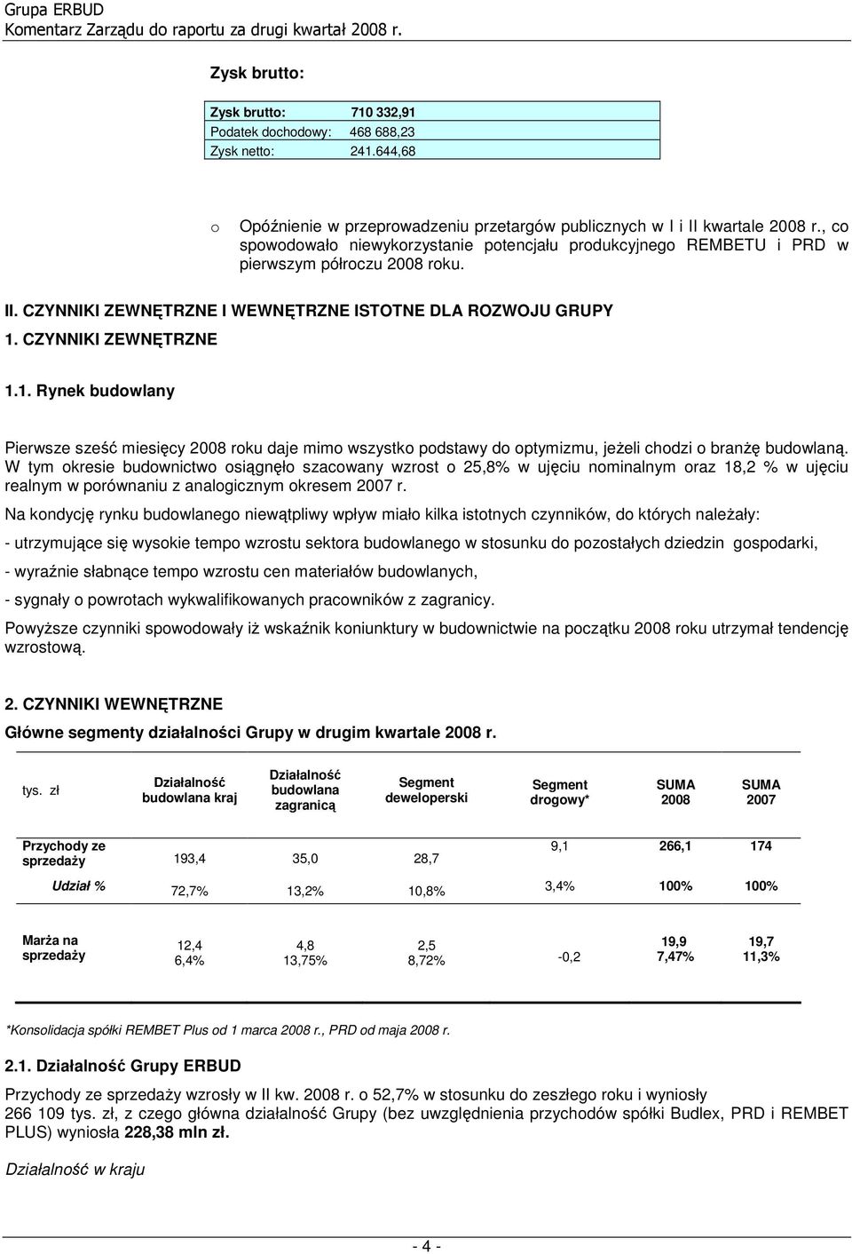 CZYNNIKI ZEWNĘTRZNE 1.1. Rynek budwlany Pierwsze sześć miesięcy 2008 rku daje mim wszystk pdstawy d ptymizmu, jeŝeli chdzi branŝę budwlaną.