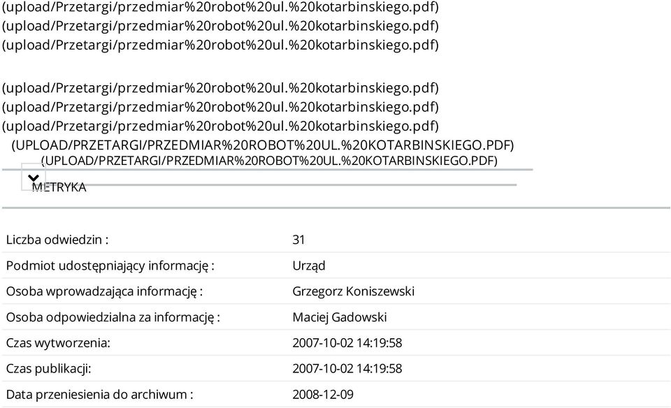 PDF) METRYKA Liczba odwiedzin : 31 Podmiot udostępniający informację : Osoba wprowadzająca informację :