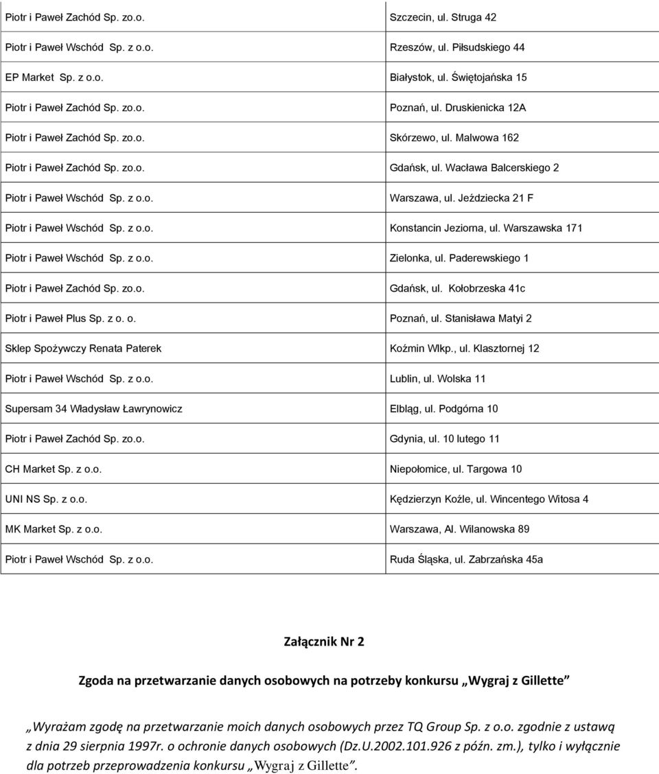 Jeździecka 21 F Piotr i Paweł Wschód Sp. z o.o. Konstancin Jeziorna, ul. Warszawska 171 Piotr i Paweł Wschód Sp. z o.o. Zielonka, ul. Paderewskiego 1 Piotr i Paweł Zachód Sp. zo.o. Gdańsk, ul.