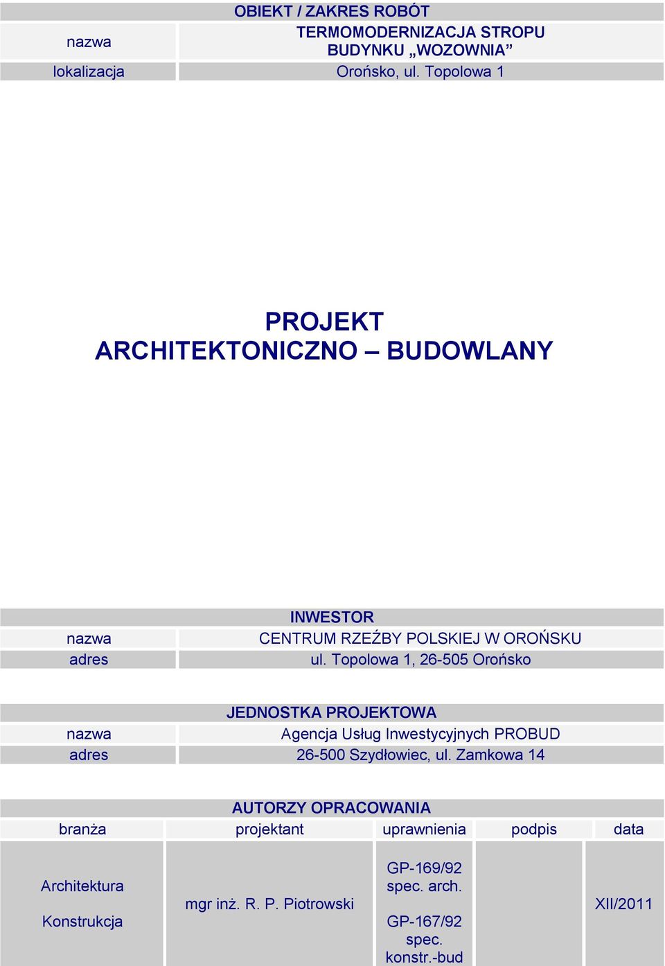 Topolowa 1, 26-505 Orońsko JEDNOSTKA PROJEKTOWA Agencja Usług Inwestycyjnych PROBUD adres 26-500 Szydłowiec, ul.