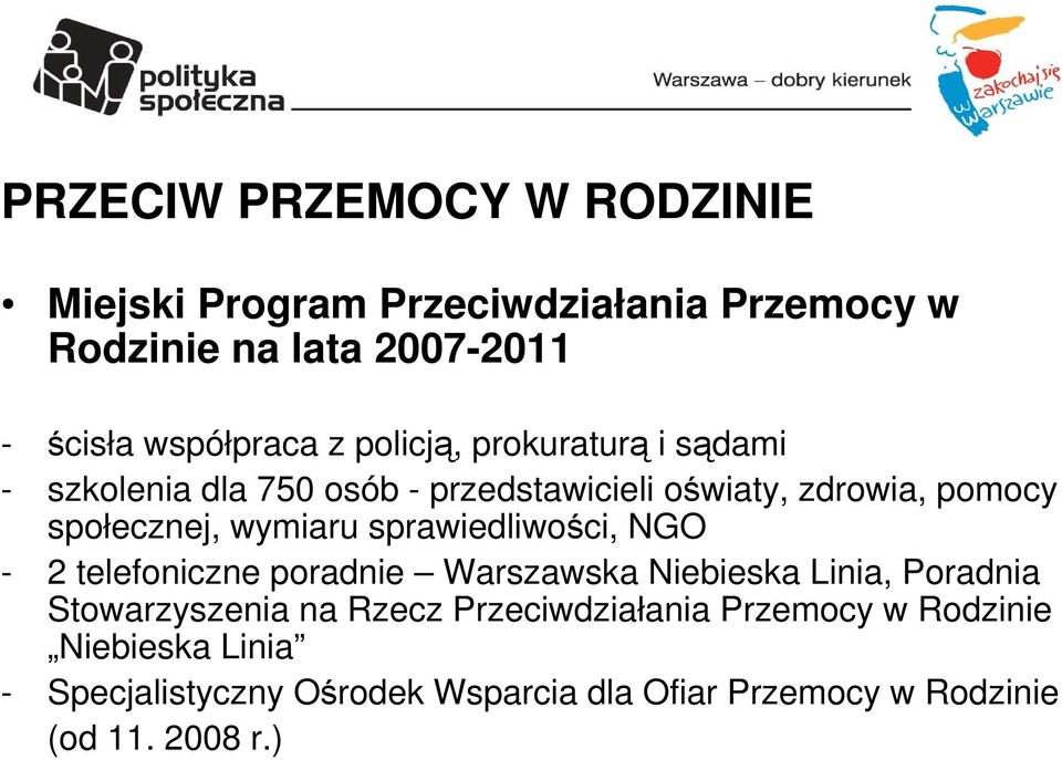 sprawiedliwości, NGO - 2 telefoniczne poradnie Warszawska Niebieska Linia, Poradnia Stowarzyszenia na Rzecz