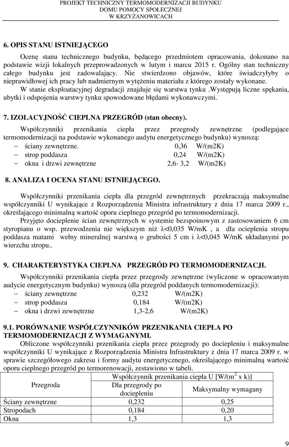 W stanie eksploatacyjnej degradacji znajduje się warstwa tynku.występują liczne spękania, ubytki i odspojenia warstwy tynku spowodowane błędami wykonawczymi. 7.