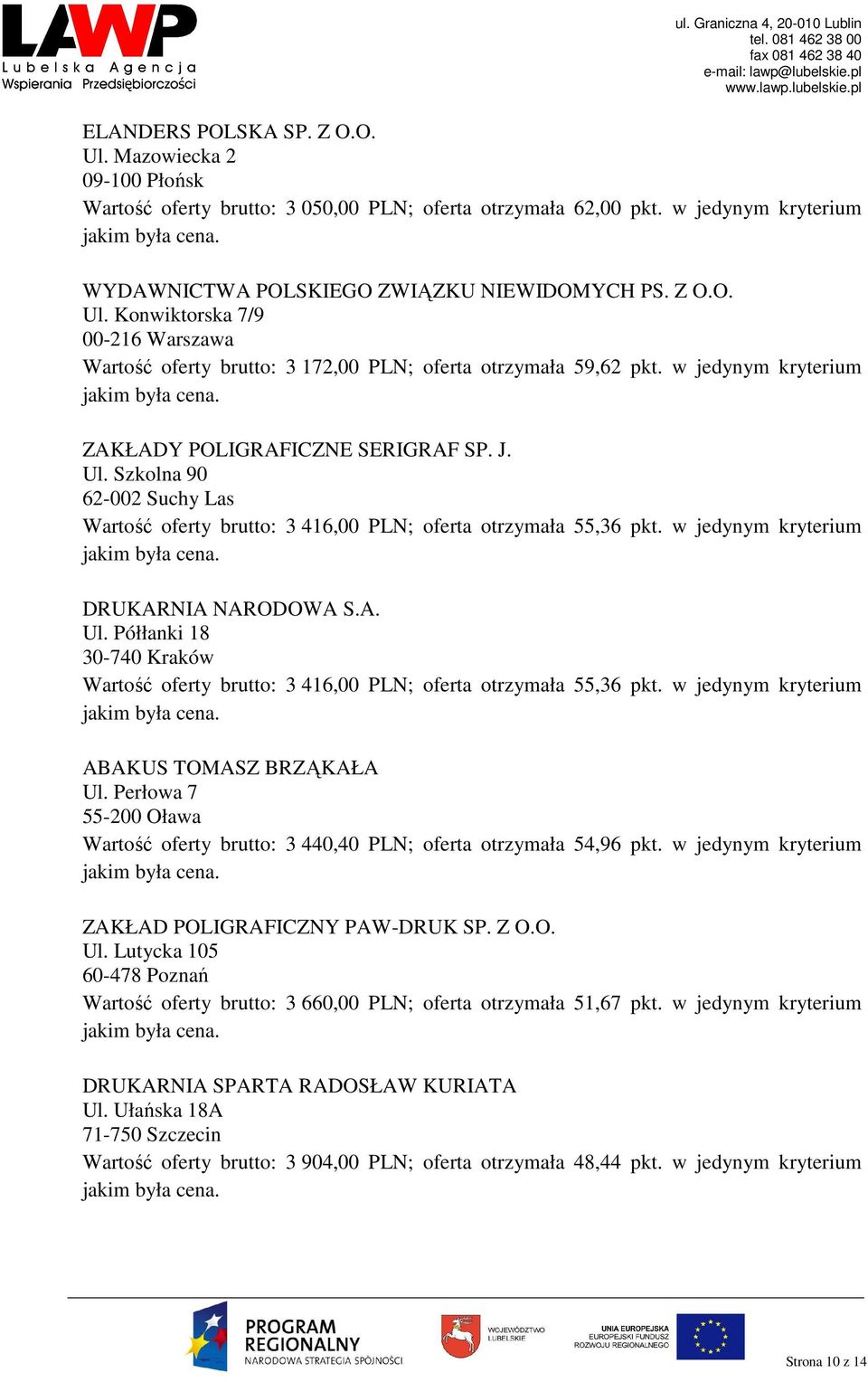 w jedynym kryterium ABAKUS TOMASZ BRZĄKAŁA Ul. Perłowa 7 55-200 Oława Wartość oferty brutto: 3 440,40 PLN; oferta otrzymała 54,96 pkt. w jedynym kryterium ZAKŁAD POLIGRAFICZNY PAW-DRUK SP. Z O.O. Ul. Lutycka 105 60-478 Poznań Wartość oferty brutto: 3 660,00 PLN; oferta otrzymała 51,67 pkt.