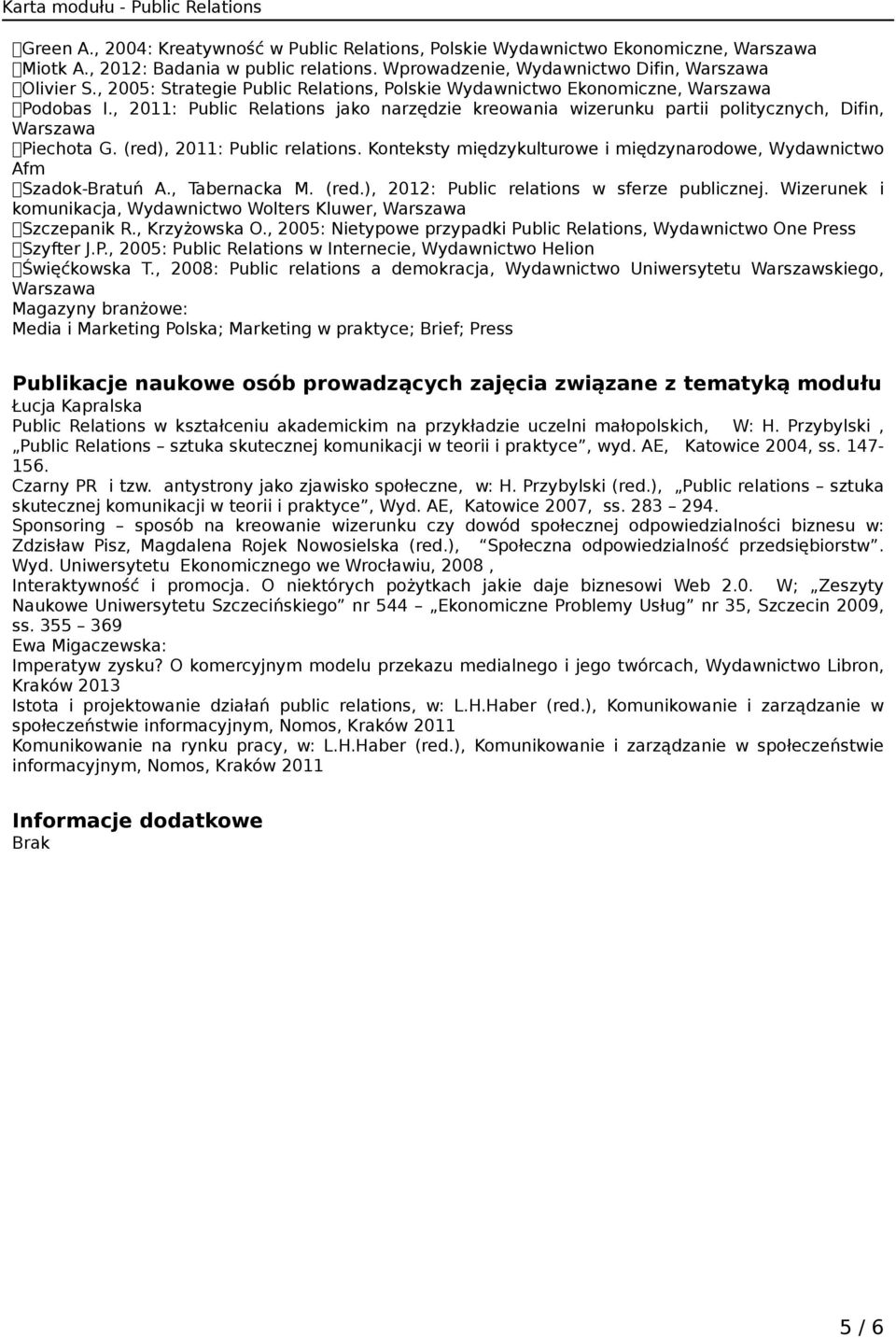 (red), 2011: Public relations. Konteksty międzykulturowe i międzynarodowe, Wydawnictwo Afm Szadok-Bratuń A., Tabernacka M. (red.), 2012: Public relations w sferze publicznej.