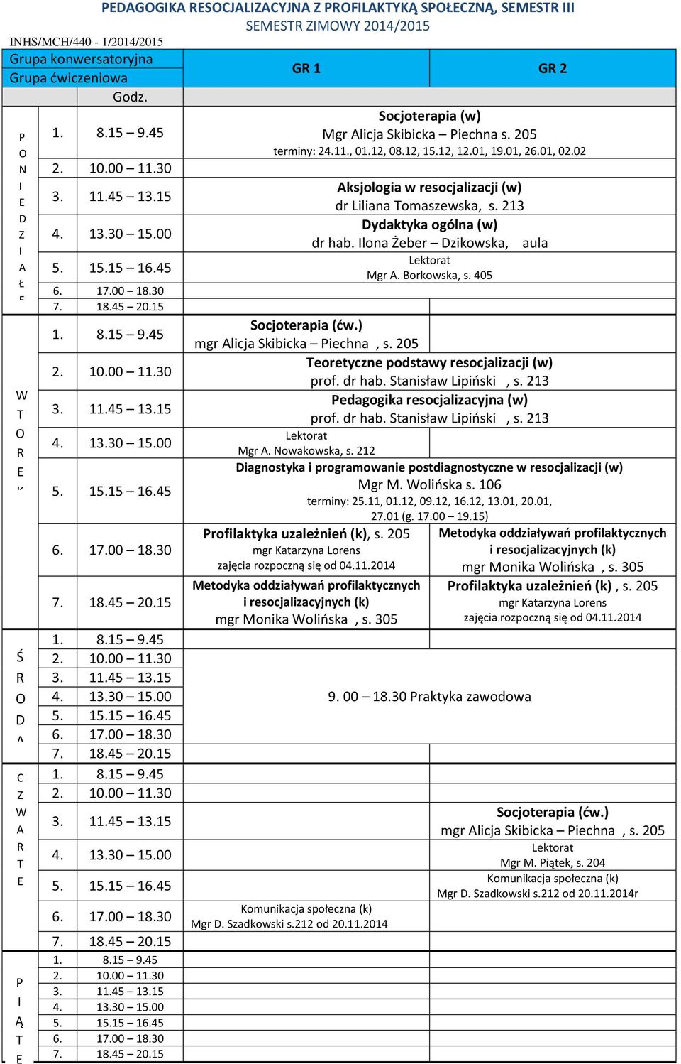 205 eoretyczne podstawy resocjalizacji (w) prof. dr hab. Stanisław Lipiński, s. 213 edagogika resocjalizacyjna (w) prof. dr hab. Stanisław Lipiński, s. 213 Mgr. owakowska, s.