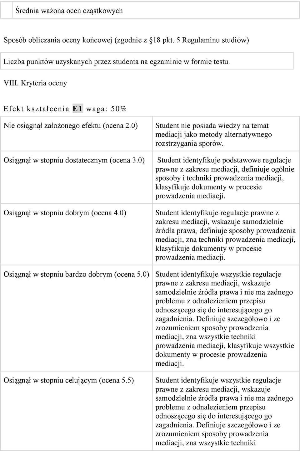 0) Student nie posiada wiedzy na temat mediacji jako metody alternatywnego Student identyfikuje podstawowe regulacje prawne z zakresu mediacji, definiuje ogólnie sposoby i techniki prowadzenia