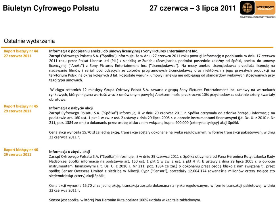 zależny od Spółki, aneksu do umowy licencyjnej ("Aneks") z Sony Pictures Entertainment Inc. ("Licencjodawca").