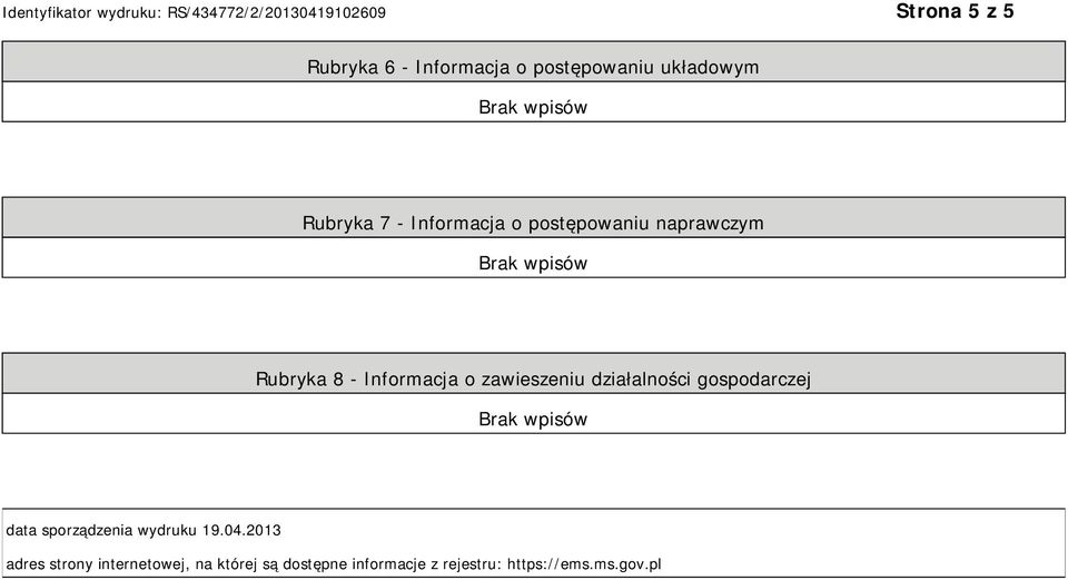 działalności gospodarczej data sporządzenia wydruku 19.04.