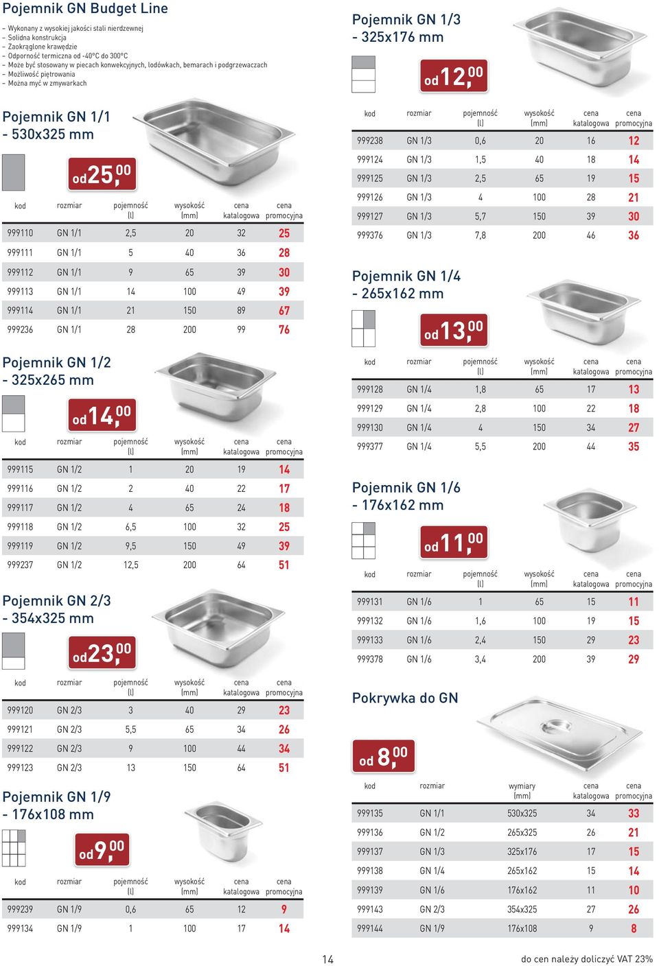 999112 GN 1/1 9 65 39 30 999113 GN 1/1 14 100 49 39 999114 GN 1/1 21 150 89 67 999236 GN 1/1 28 200 99 76 Pojemnik GN 1/2-325x265 od14, 00 rozmiar wysokość 999115 GN 1/2 1 20 19 14 999116 GN 1/2 2 40