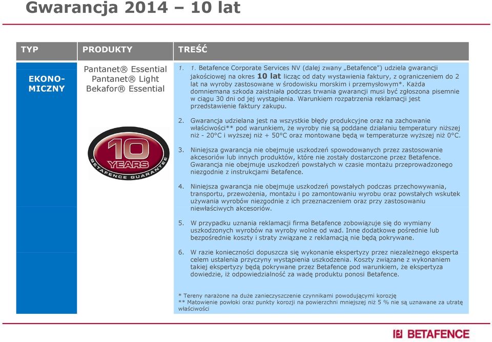 1. Betafence Corporate Services NV (dalej zwany Betafence ) udziela gwarancji jakościowej na okres Pantanet Light 10 lat licząc od daty wystawienia faktury, z ograniczeniem do 2 lat na wyroby