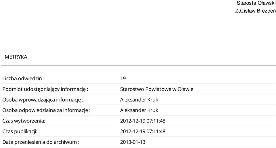 Starostwo Powiatowe w Oławie Aleksander Kruk Aleksander Kruk Czas wytworzenia: