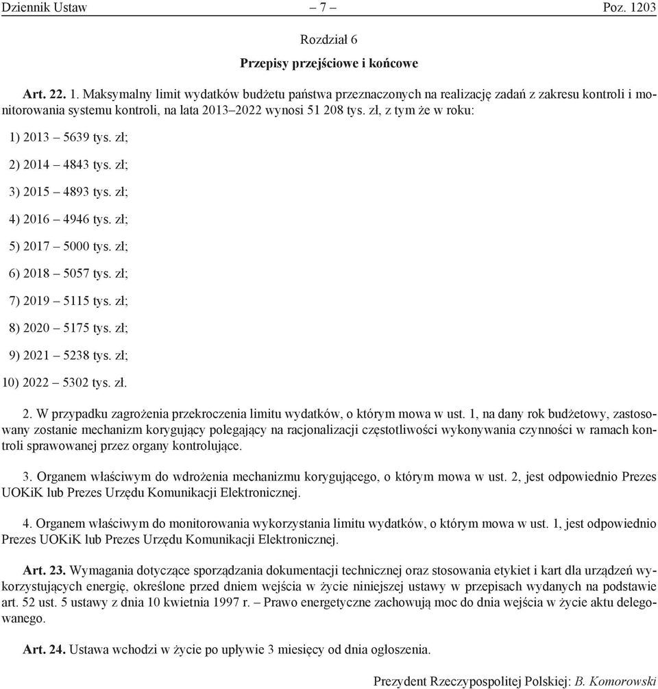 zł; 9) 2021 5238 tys. zł; 10) 2022 5302 tys. zł. 2. W przypadku zagrożenia przekroczenia limitu wydatków, o którym mowa w ust.