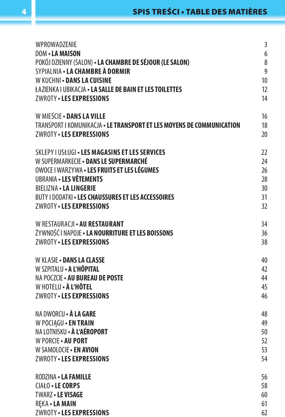 USŁUGI LES MAGASINS ET LES SERVICES 22 W SUPERMARKECIE DANS LE SUPERMARCHÉ 24 OWOCE I WARZYWA LES FRUITS ET LES LÉGUMES 26 UBRANIA LES VÊTEMENTS 28 BIELIZNA LA LINGERIE 30 BUTY I DODATKI LES