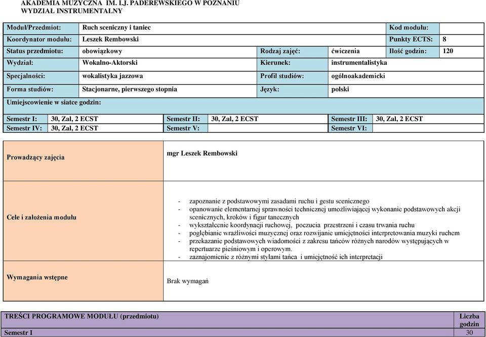 ćwiczenia Ilość godzin: 120 Wydział: Wokalno-Aktorski Kierunek: instrumentalistyka Specjalności: wokalistyka jazzowa Profil studiów: ogólnoakademicki Forma studiów: Stacjonarne, pierwszego stopnia