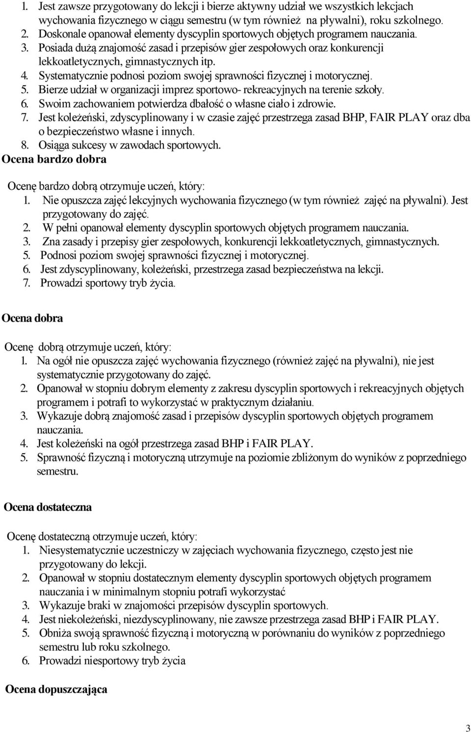 Systematycznie podnosi poziom swojej sprawności fizycznej i motorycznej. 5. Bierze udział w organizacji imprez sportowo- rekreacyjnych na terenie szkoły. 6.