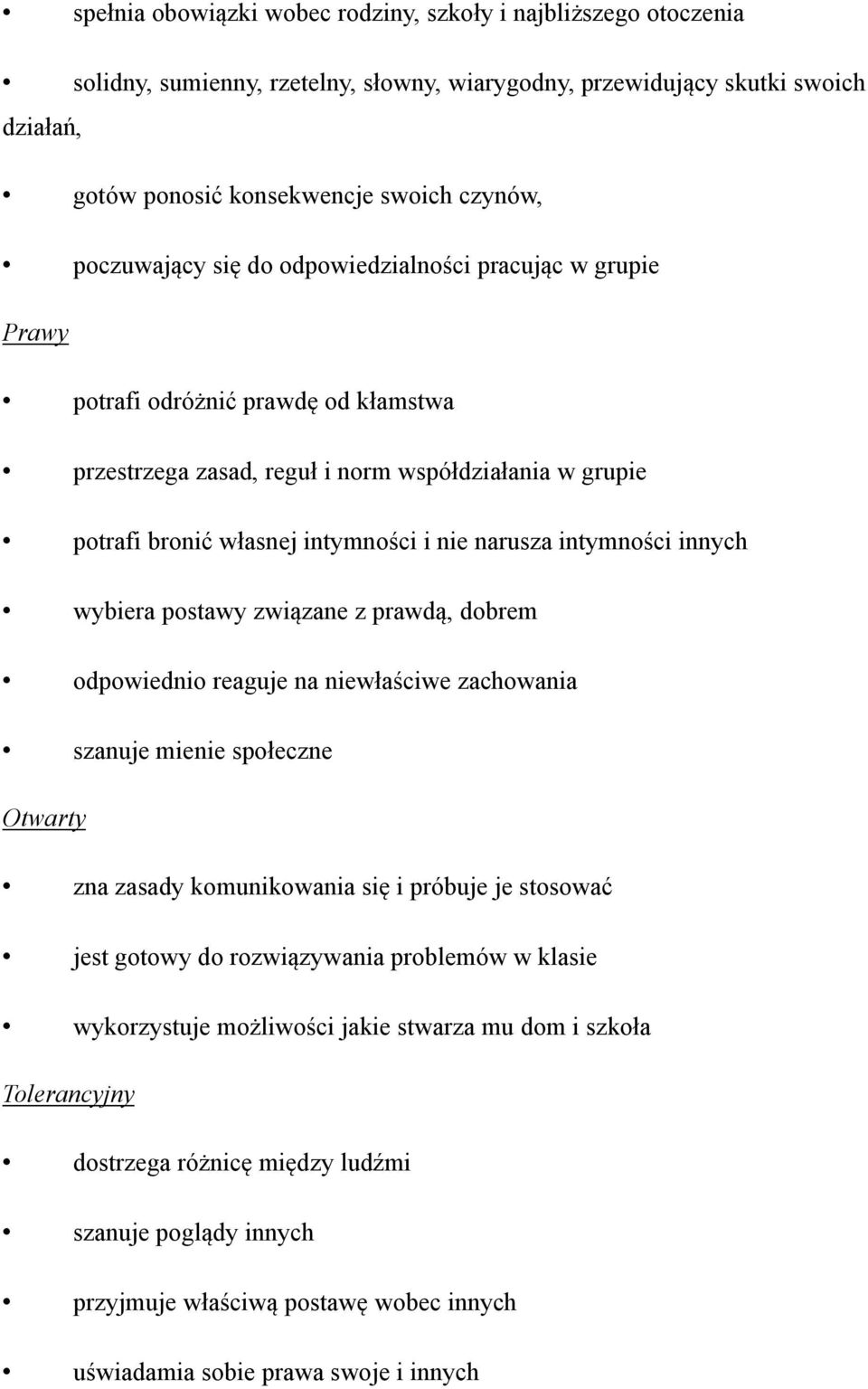 narusza intymności innych wybiera postawy związane z prawdą, dobrem odpowiednio reaguje na niewłaściwe zachowania szanuje mienie społeczne Otwarty zna zasady komunikowania się i próbuje je stosować