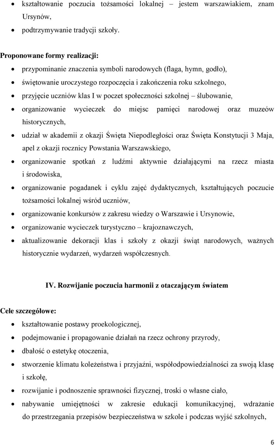 organizowanie wycieczek do miejsc pamięci narodowej oraz muzeów historycznych, udział w akademii z okazji Święta Niepodległości oraz Święta Konstytucji 3 Maja, apel z okazji rocznicy Powstania