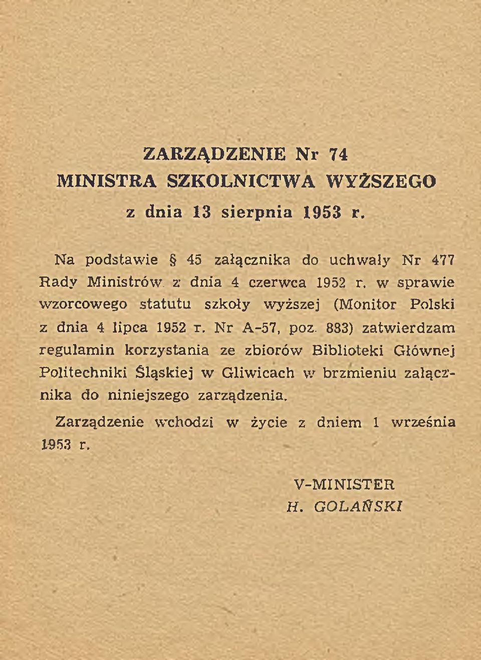 szkoły wyższej (M onitor Polski z dnia 4 lipca 1952 r. N r A-57, poz.