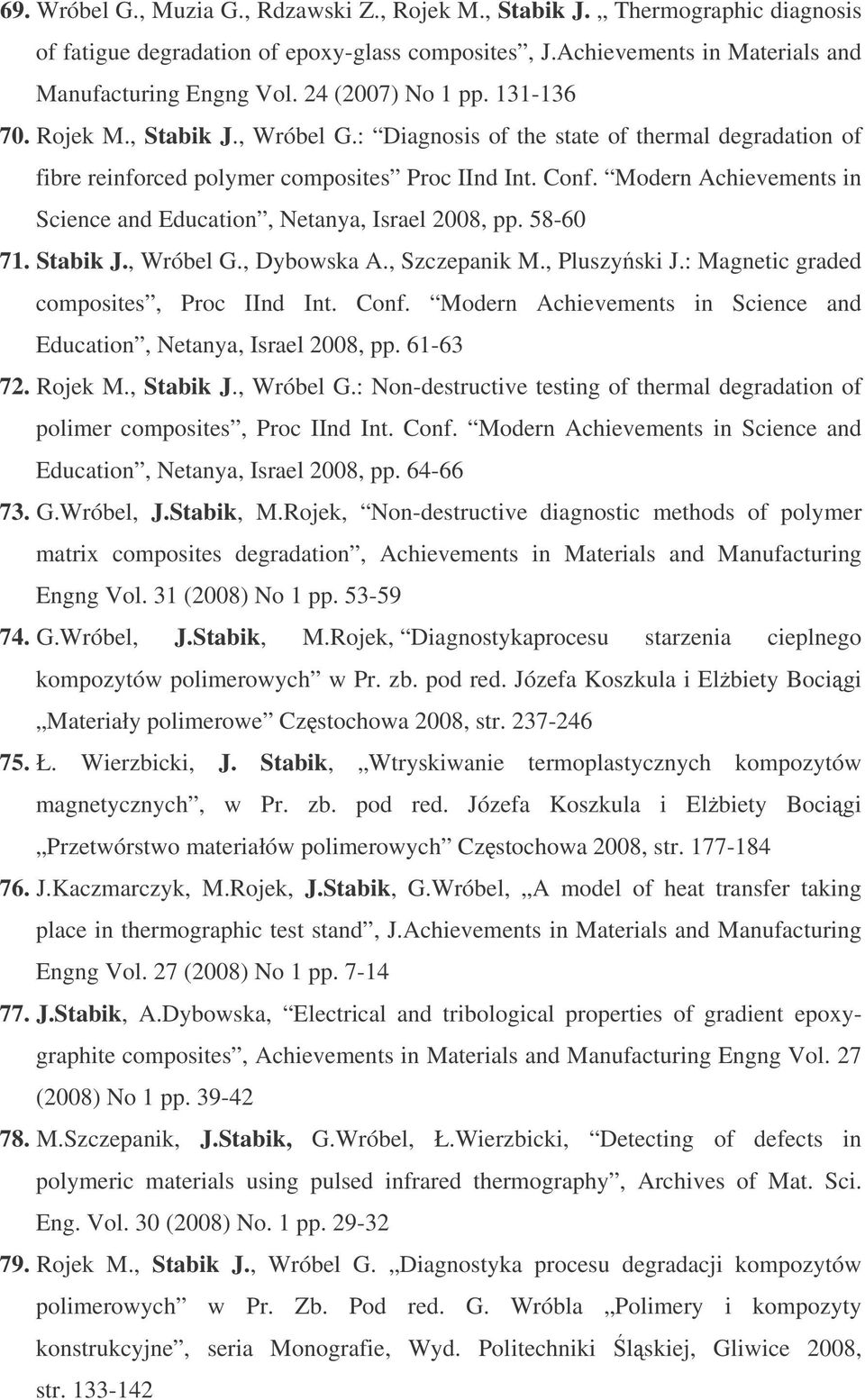Modern Achievements in Science and Education, Netanya, Israel 2008, pp. 58-60 71. Stabik J., Wróbel G., Dybowska A., Szczepanik M., Pluszyski J.: Magnetic graded composites, Proc IInd Int. Conf.