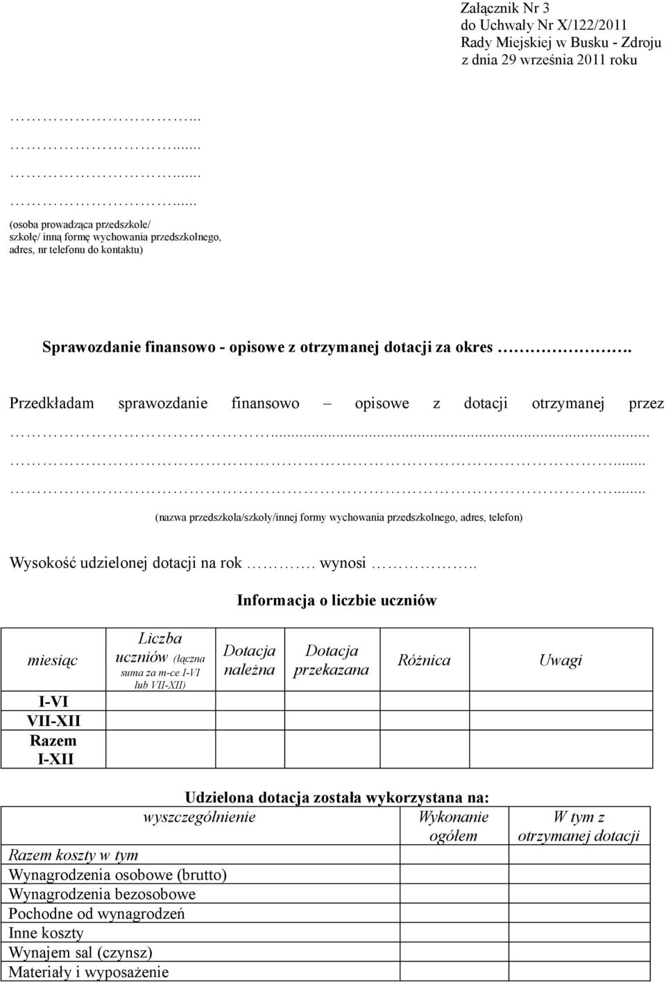 Przedkładam sprawozdanie finansowo opisowe z dotacji otrzymanej przez......... (nazwa przedszkola/szkoły/innej formy wychowania przedszkolnego, adres, telefon) Wysokość udzielonej dotacji na rok.