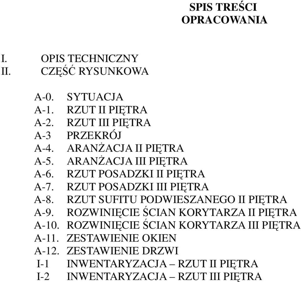 RZUT POSADZKI III PIĘTRA A-8. RZUT SUFITU PODWIESZANEGO II PIĘTRA A-9. ROZWINIĘCIE ŚCIAN KORYTARZA II PIĘTRA A-10.