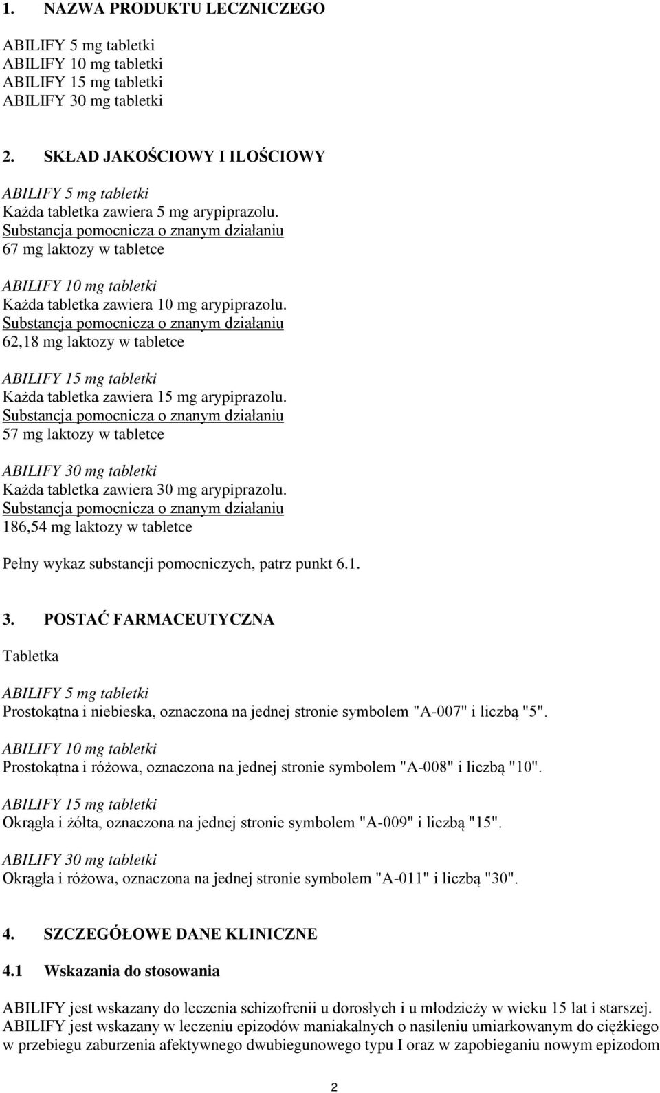 Substancja pomocnicza o znanym działaniu 67 mg laktozy w tabletce ABILIFY 10 mg tabletki Każda tabletka zawiera 10 mg arypiprazolu.