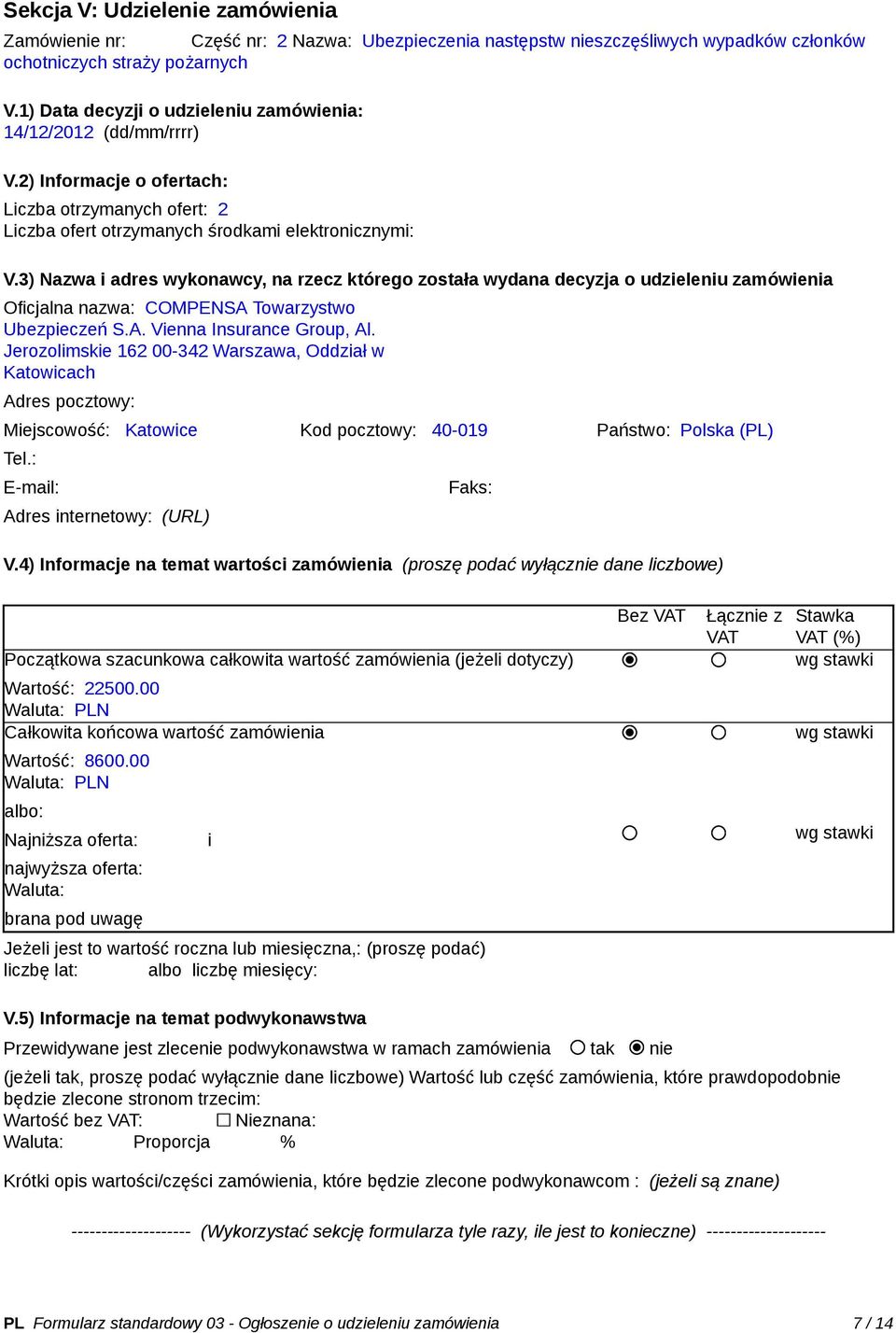 3) Nazwa i adres wykonawcy, na rzecz którego została wydana decyzja o udzieleniu zamówienia Oficjalna nazwa: COMPENSA Towarzystwo Ubezpieczeń S.A. Vienna Insurance Group, Al.