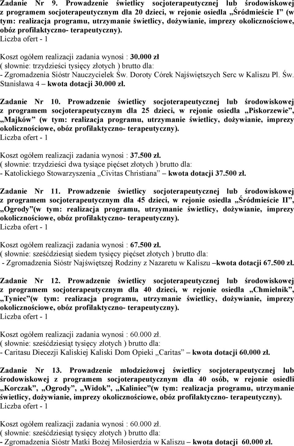 dożywianie, imprezy okolicznościowe, obóz profilaktyczno- terapeutyczny). Koszt ogółem realizacji zadania wynosi : 30.