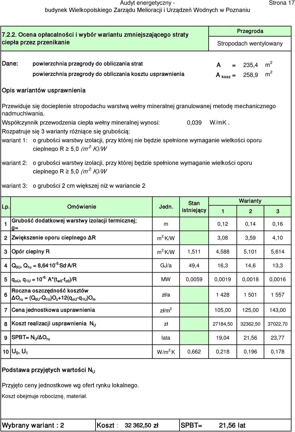 przegrody do obliczania kosztu usprawnienia A kosz = 258,9 m 2 Opis wariantów usprawnienia Przewiduje się docieplenie stropodachu warstwą wełny mineralnej granulowanej metodę mechanicznego