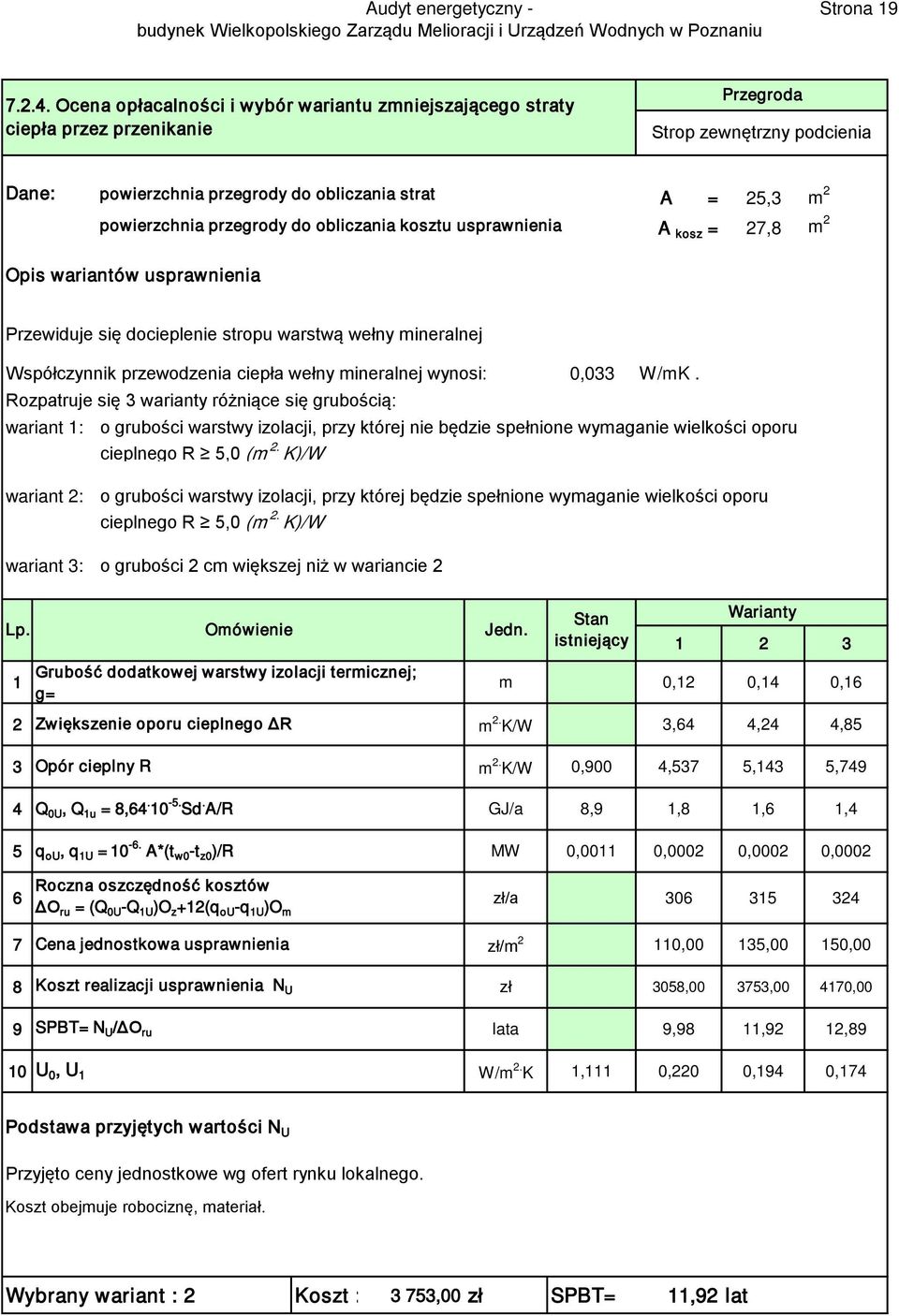 przegrody do obliczania kosztu usprawnienia A kosz = 27,8 m 2 Opis wariantów usprawnienia Przewiduje się docieplenie stropu warstwą wełny mineralnej Współczynnik przewodzenia ciepła wełny mineralnej