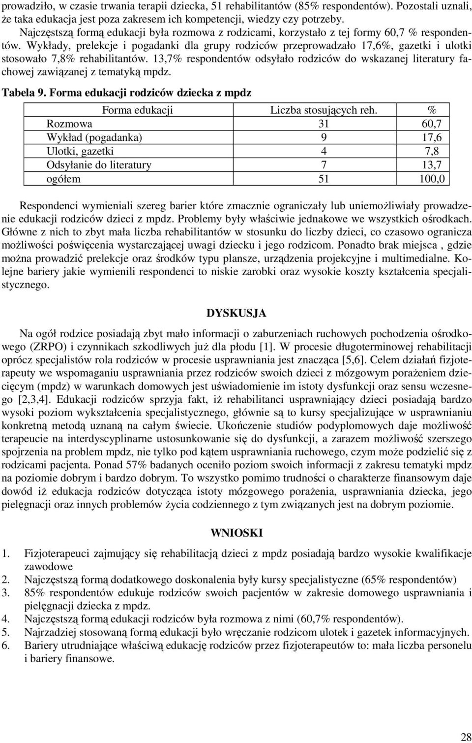 Wykłady, prelekcje i pogadanki dla grupy rodziców przeprowadzało 17,6%, gazetki i ulotki stosowało 7,8% rehabilitantów.