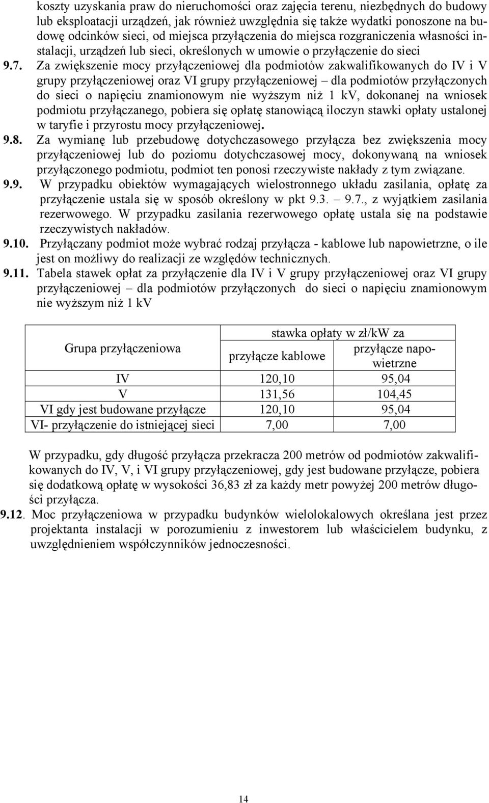 Za zwiększenie mocy przyłączeniowej dla podmiotów zakwalifikowanych do IV i V grupy przyłączeniowej oraz VI grupy przyłączeniowej dla podmiotów przyłączonych do sieci o napięciu znamionowym nie