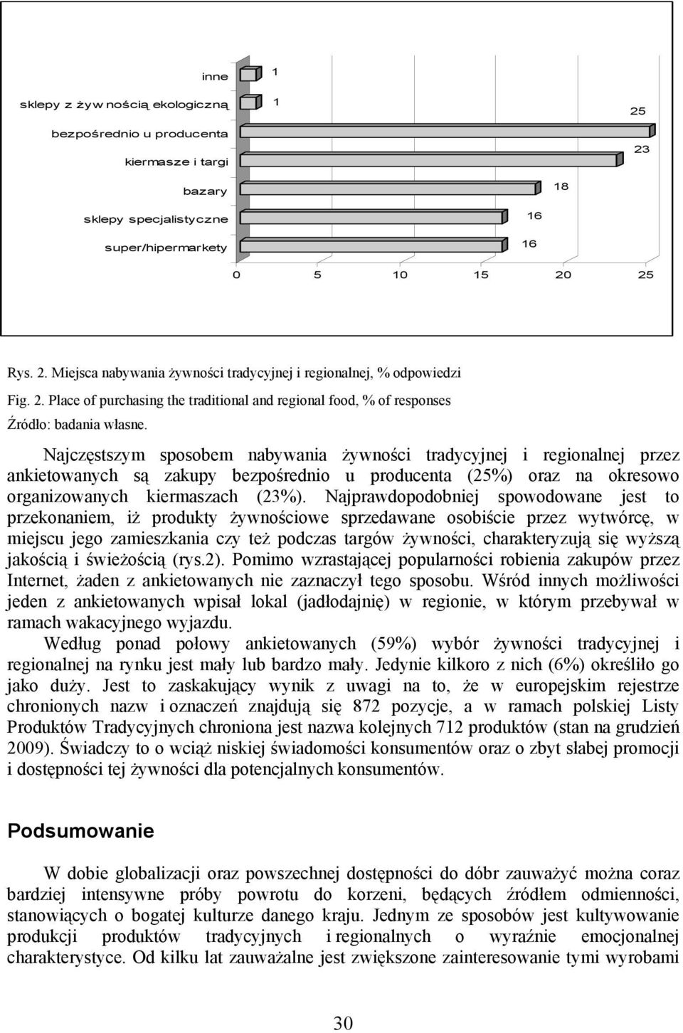 Najczęstszym sposobem nabywania żywności tradycyjnej i regionalnej przez ankietowanych są zakupy bezpośrednio u producenta (25%) oraz na okresowo organizowanych kiermaszach (23%).