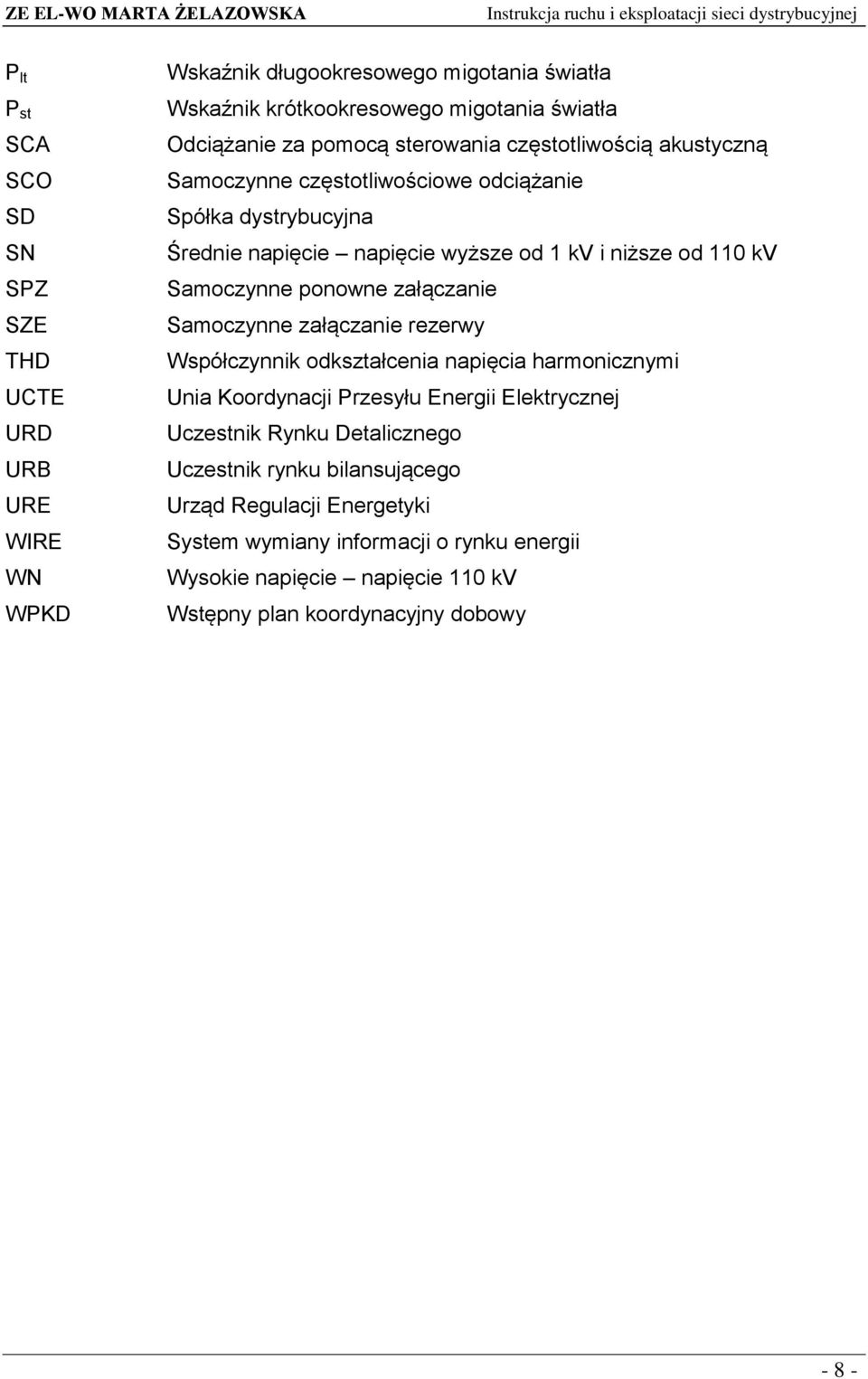 Samoczynne ponowne załączanie Samoczynne załączanie rezerwy Współczynnik odkształcenia napięcia harmonicznymi Unia Koordynacji Przesyłu Energii Elektrycznej Uczestnik Rynku