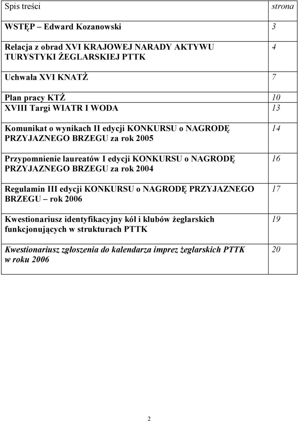 KONKURSU o NAGRODĘ PRZYJAZNEGO BRZEGU za rok 2004 Regulamin III edycji KONKURSU o NAGRODĘ PRZYJAZNEGO BRZEGU rok 2006 Kwestionariusz identyfikacyjny