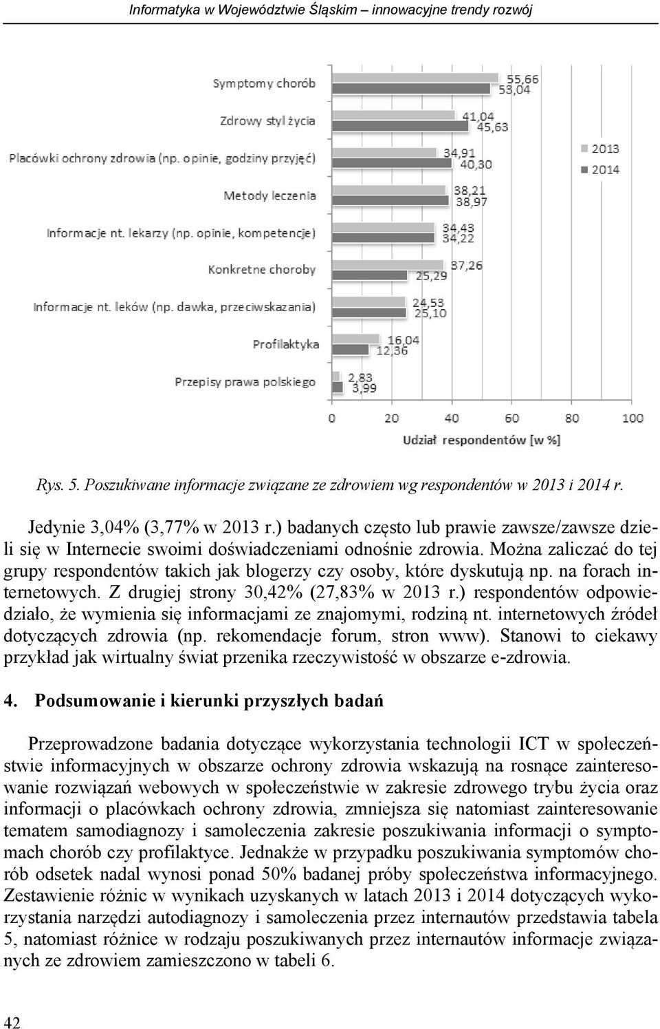 na forach internetowych. Z drugiej strony 30,42% (27,83% w 2013 r.) respondentów odpowiedziało, że wymienia się informacjami ze znajomymi, rodziną nt. internetowych źródeł dotyczących zdrowia (np.