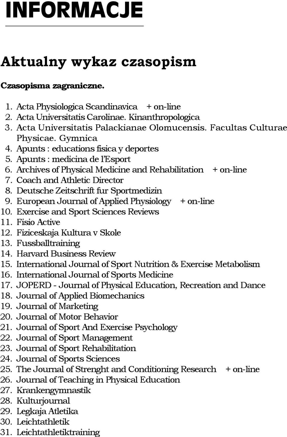 Archives of Physical Medicine and Rehabilitation + on-line 7. Coach and Athletic Director 8. Deutsche Zeitschrift fur Sportmedizin 9. European Journal of Applied Physiology + on-line 10.