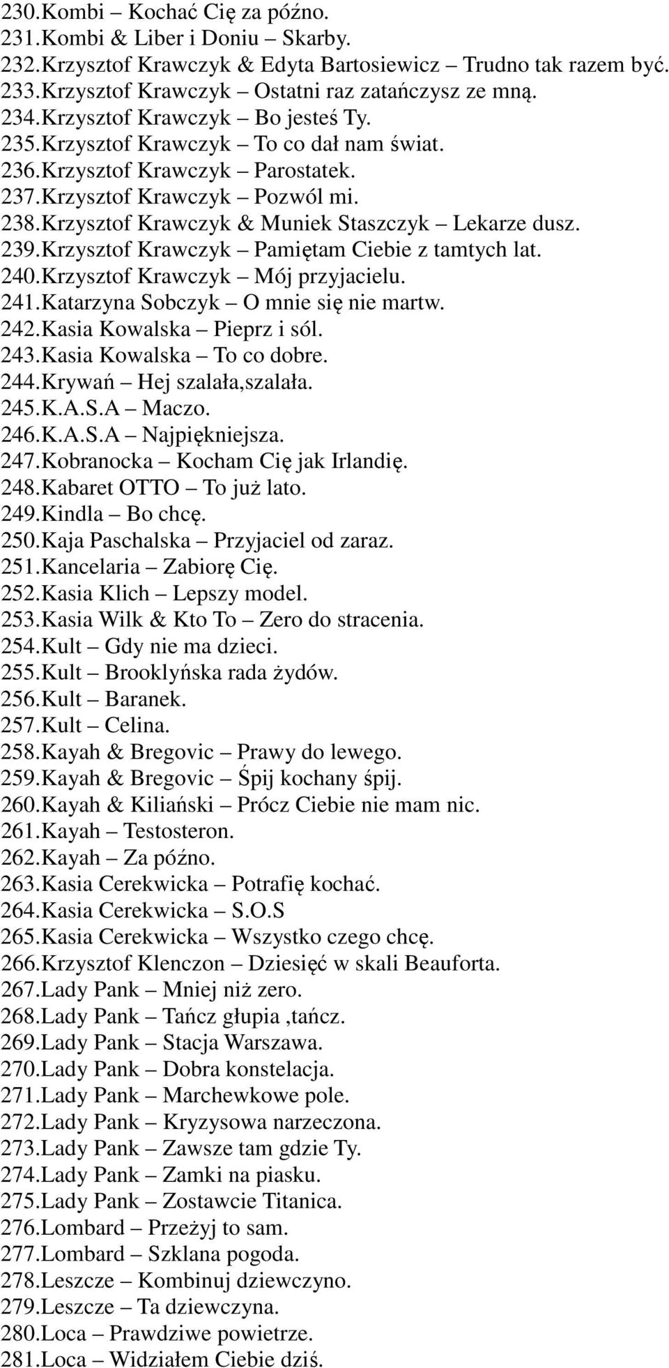 Krzysztof Krawczyk & Muniek Staszczyk Lekarze dusz. 239.Krzysztof Krawczyk Pamiętam Ciebie z tamtych lat. 240.Krzysztof Krawczyk Mój przyjacielu. 241.Katarzyna Sobczyk O mnie się nie martw. 242.