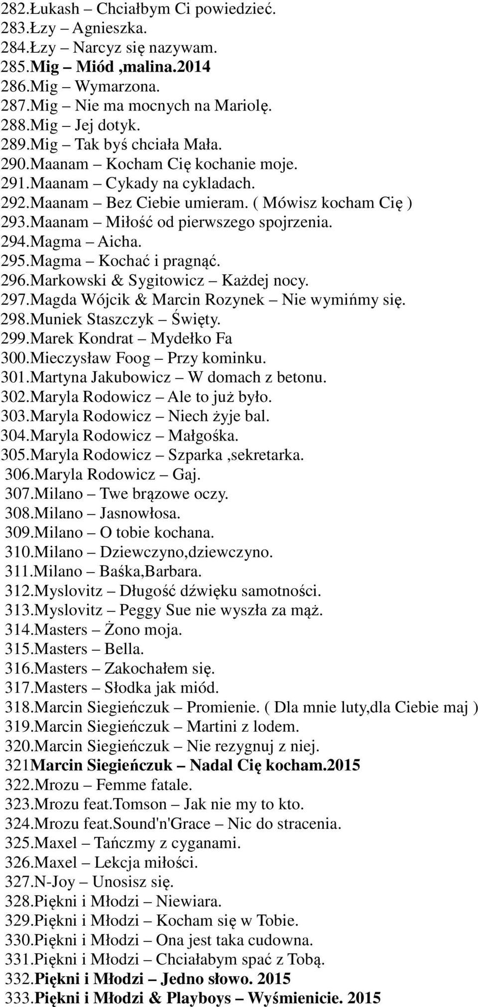 Magma Aicha. 295.Magma Kochać i pragnąć. 296.Markowski & Sygitowicz Każdej nocy. 297.Magda Wójcik & Marcin Rozynek Nie wymińmy się. 298.Muniek Staszczyk Święty. 299.Marek Kondrat Mydełko Fa 300.