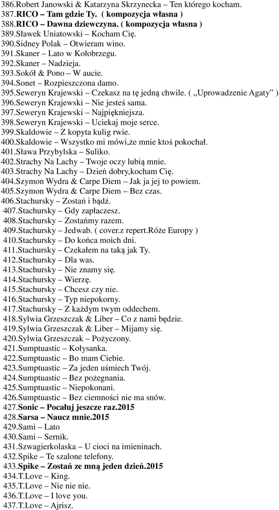 ( Uprowadzenie Agaty ) 396.Seweryn Krajewski Nie jesteś sama. 397.Seweryn Krajewski Najpiękniejsza. 398.Seweryn Krajewski Uciekaj moje serce. 399.Skaldowie Z kopyta kulig rwie. 400.